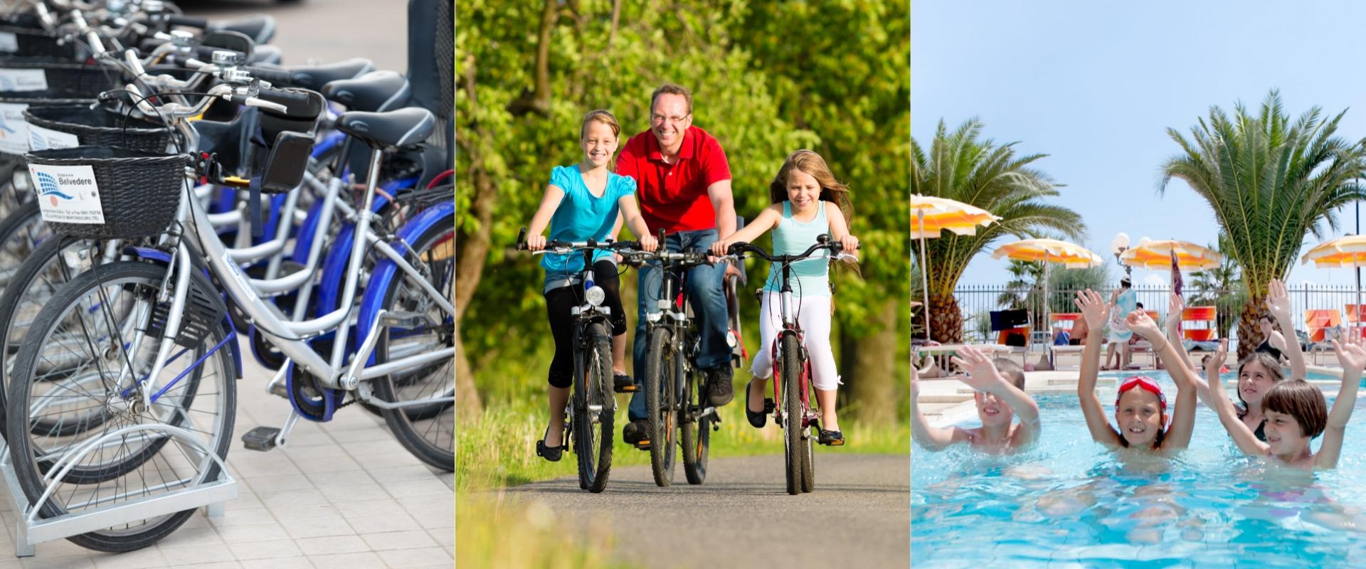 Biciclette a noleggio, famiglia in bici, bambini che giocano in piscina.